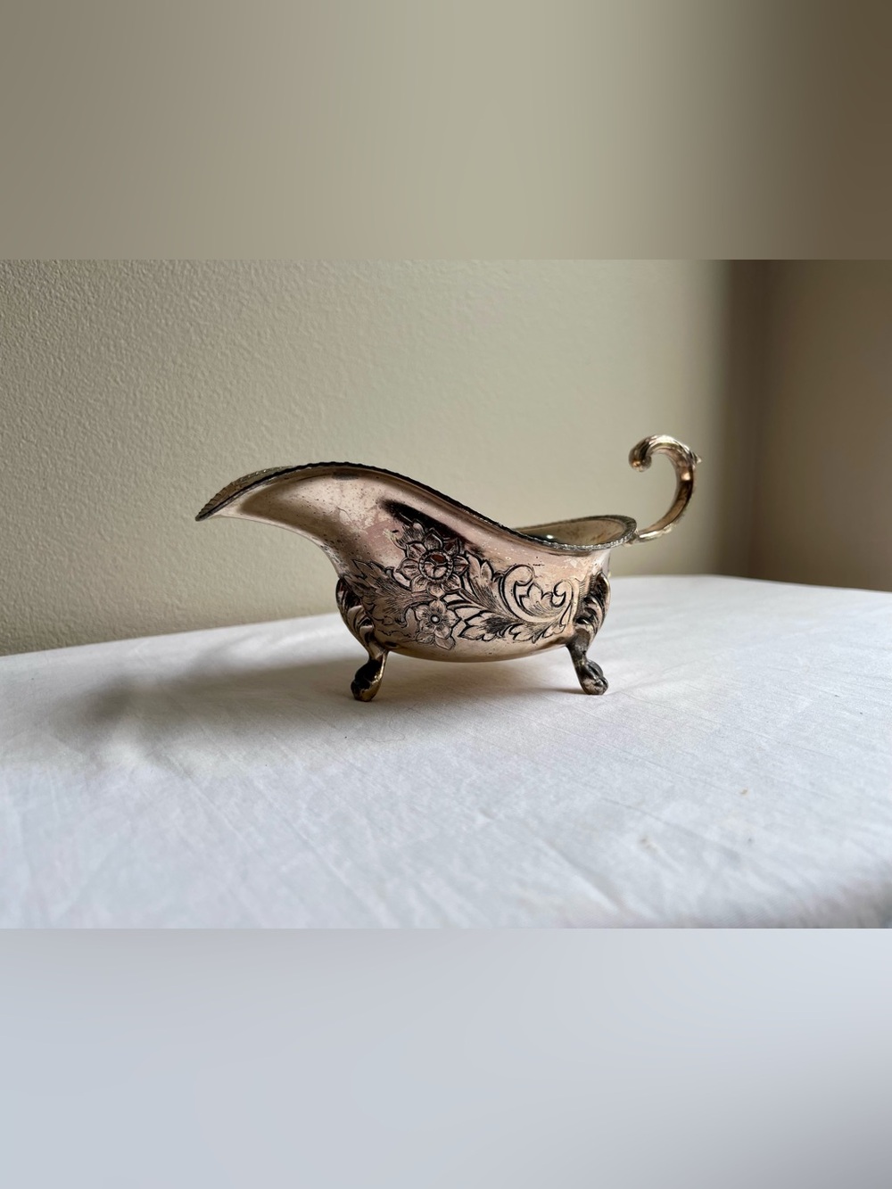Ornate Silver Plated Floral Gravy Boat with Curved Handle